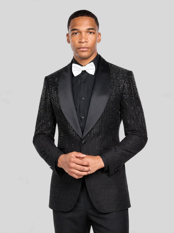 Onyx Silver Rain-Dot Shawl-Collar Tuxedo Jacket 05