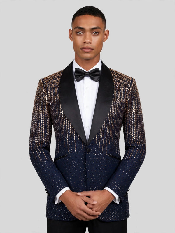 Midnight Gold Crystal Gradient Shawl-Collar Tuxedo Jacket 02