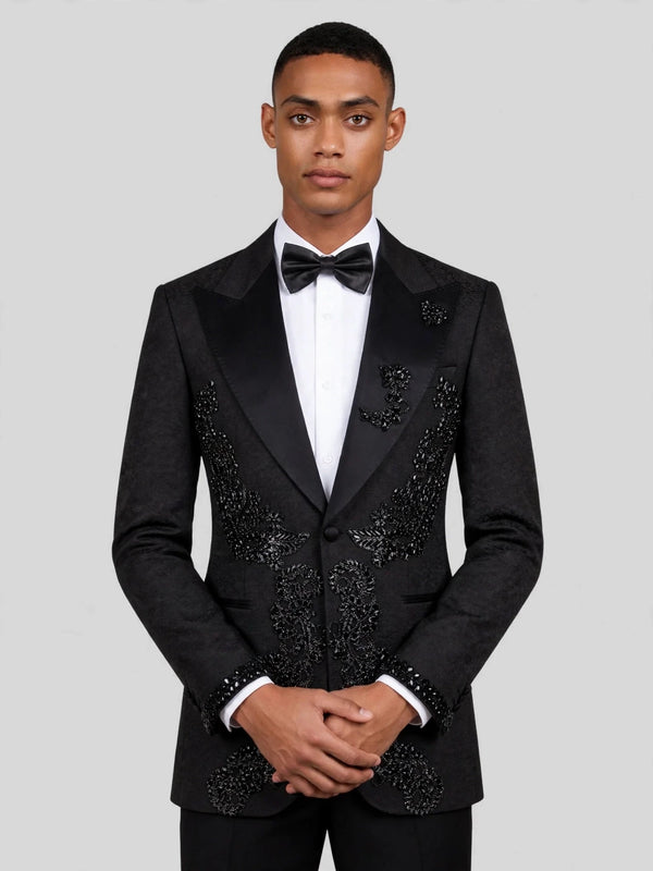Onyx Jet Lace-Motif Peak-Lapel Tuxedo Jacket 02