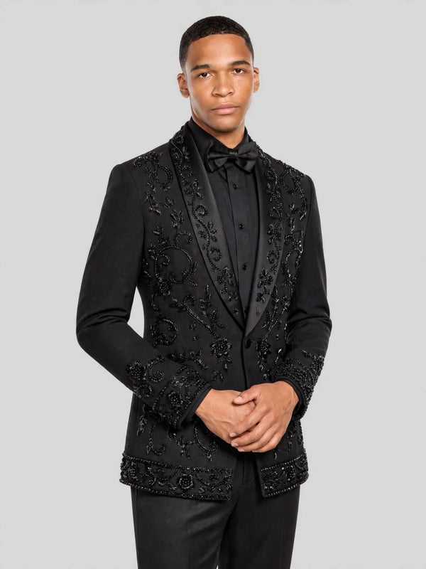 Onyx Jet Beaded Floral-Scroll Shawl-Collar Tuxedo Jacket 06