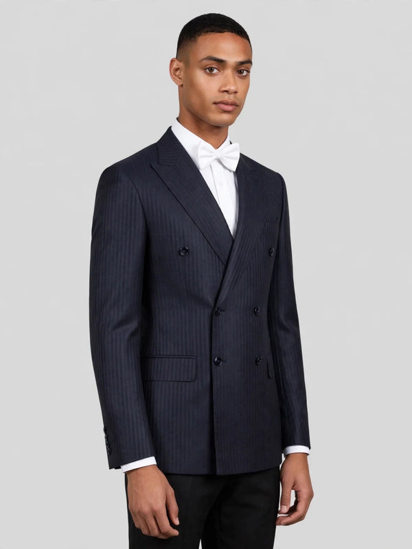 Midnight Navy Pinstripe Six-Button Peak-Lapel Double-Breasted Suit Jacket 03