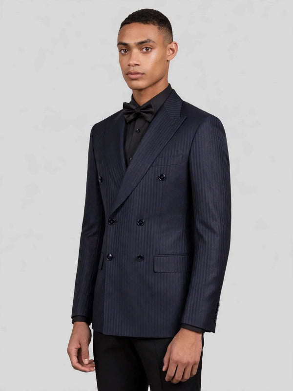 Midnight Navy Pinstripe Six-Button Peak-Lapel Double-Breasted Suit Jacket 06