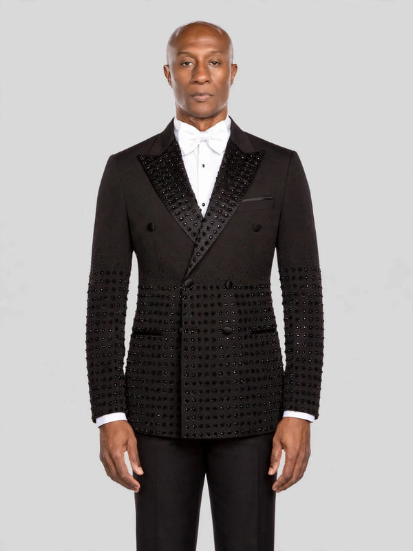 Onyx Jet Beaded-Grid Peak-Lapel Double-Breasted Tuxedo Jacket - cover