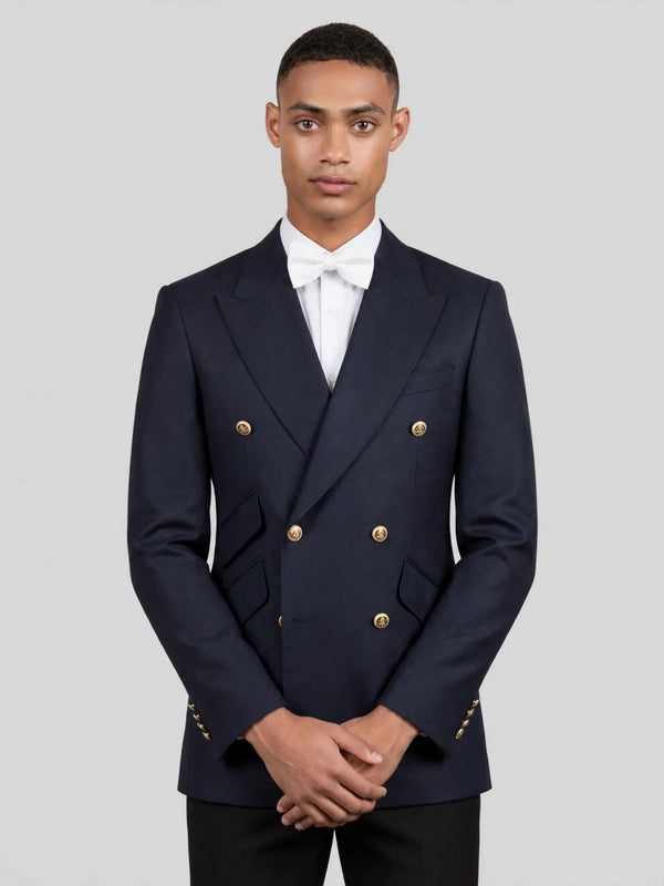 Midnight Navy Gold-Button Slant-Flap Peak-Lapel Double-Breasted Suit Jacket 03