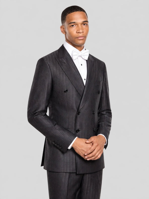 Charcoal Shadow-Stripe Six-Button Peak-Lapel Double-Breasted Suit Jacket 03