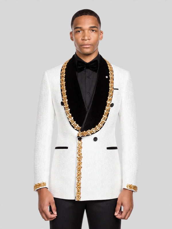 Ivory Gold-Leaf Velvet Shawl-Collar Double-Breasted Tuxedo Jacket 06