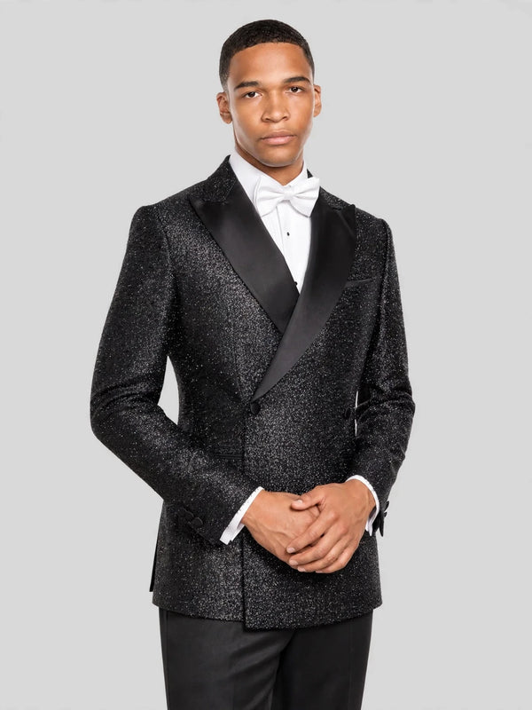 Onyx Silver-Speckle Satin Peak-Lapel Two-Button Double-Breasted Tuxedo Jacket 03