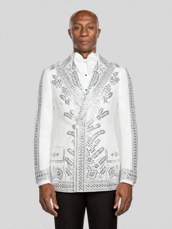 Ivory Silver Fern Crystal Peak-Lapel Double-Breasted Tuxedo Jacket - cover