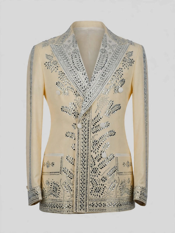 Cream Silver Mirror-Leaf Peak-Lapel Double-Breasted Tuxedo Jacket 07