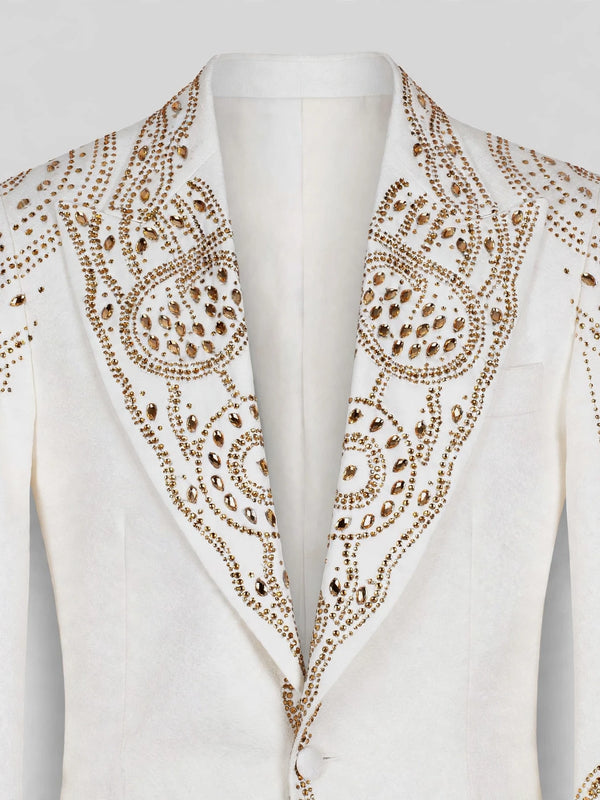 Ivory Gold Crystal Mandala Peak-Lapel Tuxedo Jacket 08