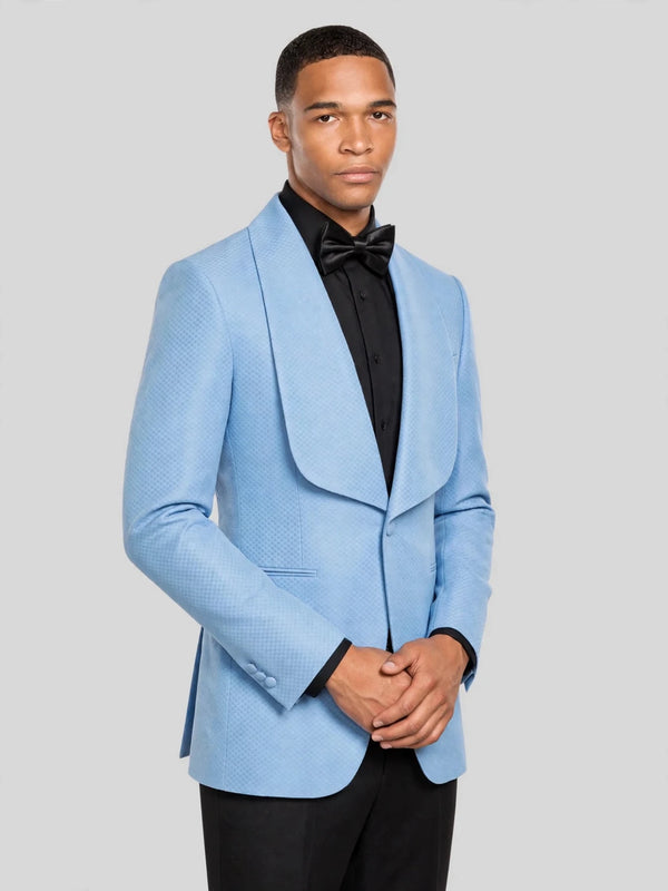 Sky Blue Diamond-Texture Shawl-Collar Tuxedo Jacket 06