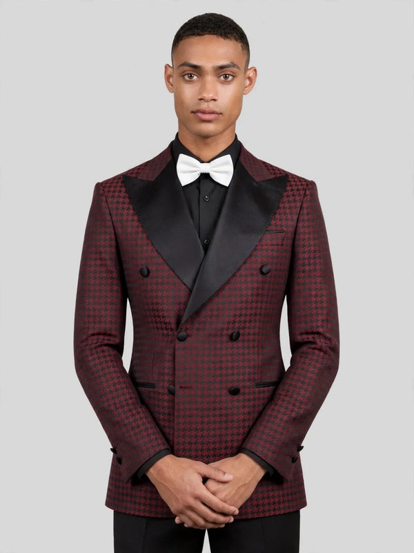 Burgundy Black Houndstooth Satin Peak-Lapel Double-Breasted Tuxedo Jacket 05