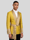 Mustard Gold Belted Satin Shawl-Collar Two-Button Double-Breasted Tuxedo Jacket 03