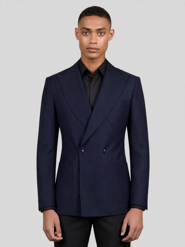 Midnight Navy Patch-Pocket Pick-Stitch Peak-Lapel Double-Breasted Tuxedo Jacket 04