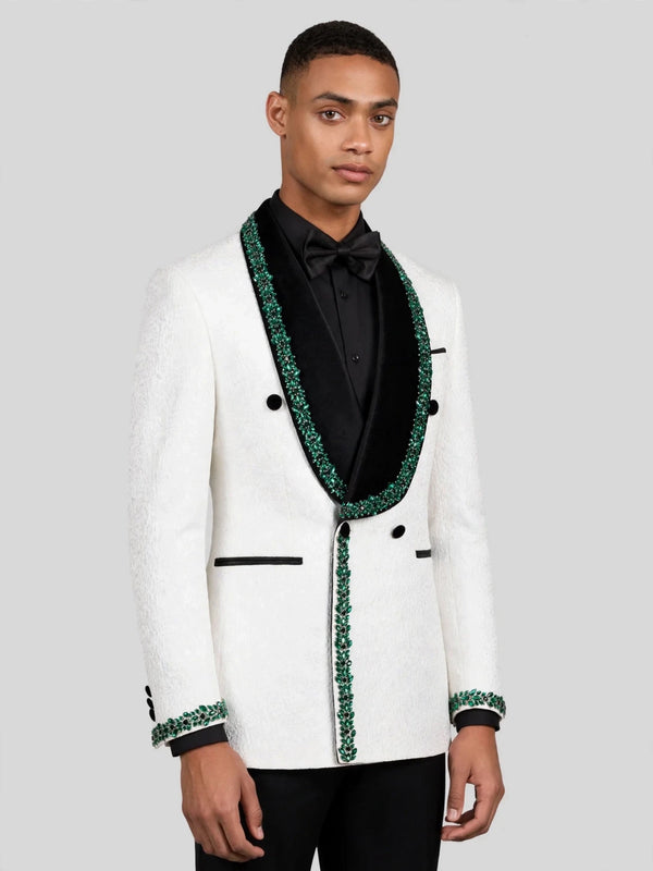 Ivory Emerald Crystal-Trim Black Shawl-Collar Double-Breasted Tuxedo Jacket 06