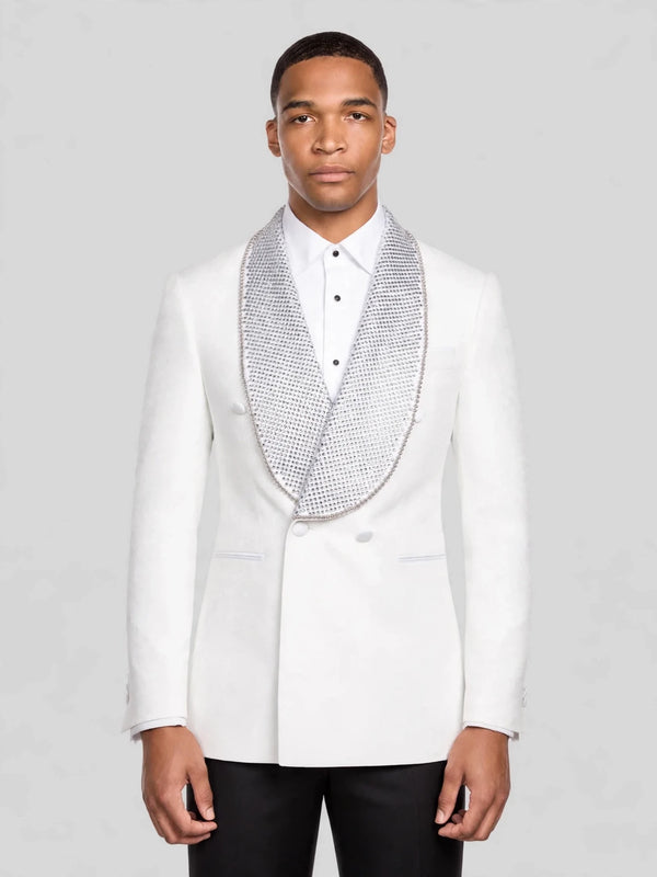 Ivory Silver Crystal-Mesh Shawl-Collar Double-Breasted Tuxedo Jacket 01