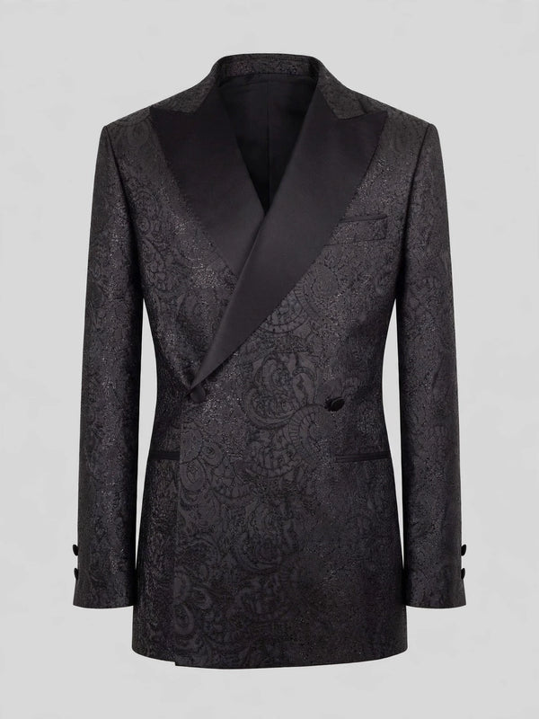 Onyx Tonal Paisley Satin Peak-Lapel Double-Breasted Tuxedo Jacket 07