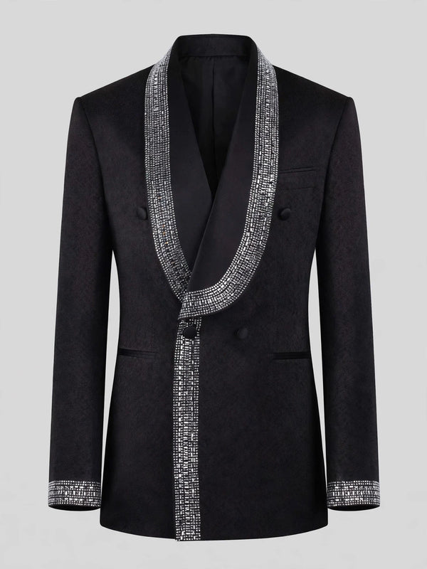 Onyx Silver Crystal-Mosaic Shawl-Collar Double-Breasted Tuxedo Jacket 07