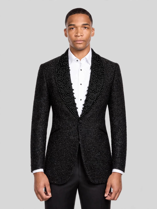 Onyx Jet Floral Shawl-Collar Tuxedo Jacket 01