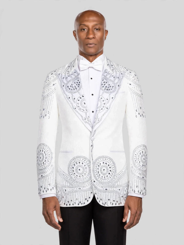 Ivory Silver Crystal Medallion Peak-Lapel Tuxedo Jacket - cover