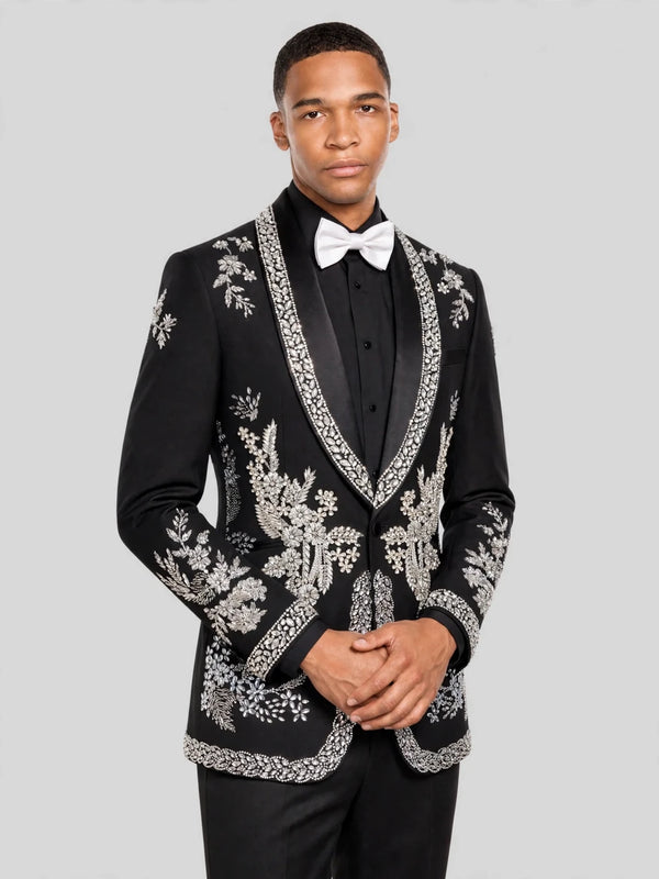 Onyx Silver Crystal Bouquet Shawl-Collar Tuxedo Jacket 05