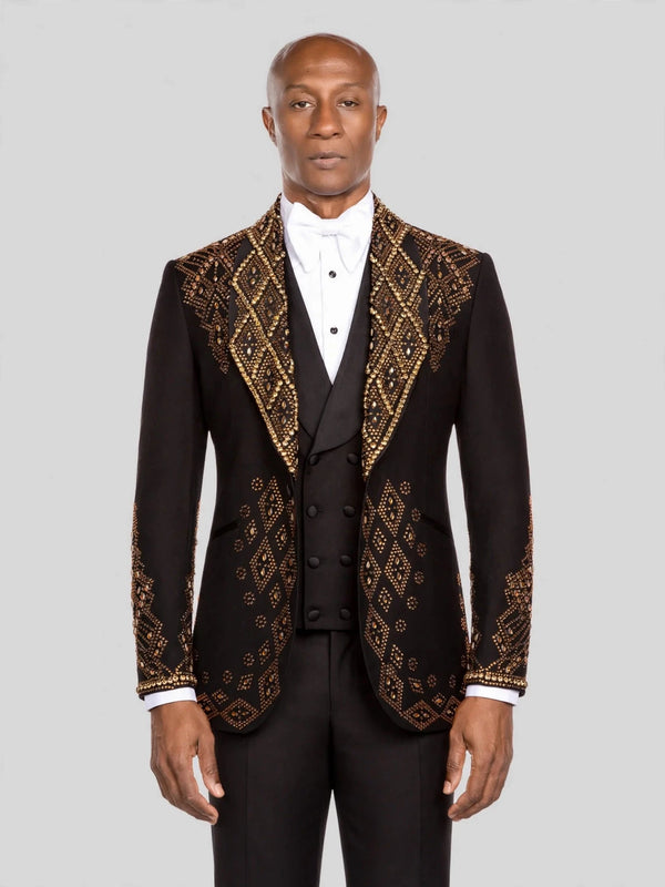Onyx Gold Crystal Diamond-Lattice Peak-Lapel Tuxedo Jacket - cover