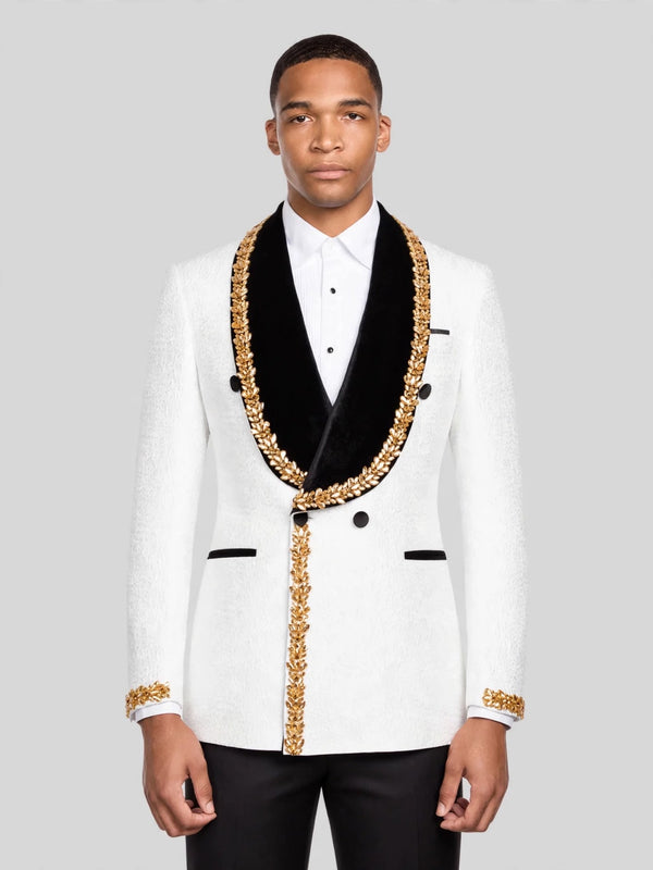 Ivory Gold-Leaf Velvet Shawl-Collar Double-Breasted Tuxedo Jacket 01