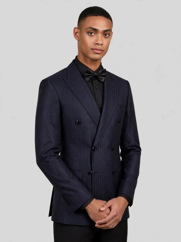 Midnight Navy Tonal Shadow-Stripe Six-Button Peak-Lapel Double-Breasted Suit Jacket 06