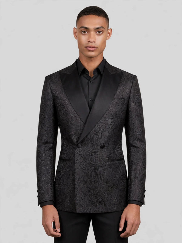 Onyx Tonal Paisley Satin Peak-Lapel Double-Breasted Tuxedo Jacket 04