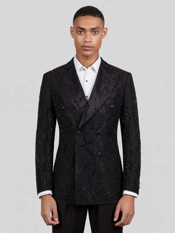 Onyx Jet Beaded Scroll-Vine Peak-Lapel Double-Breasted Tuxedo Jacket 01