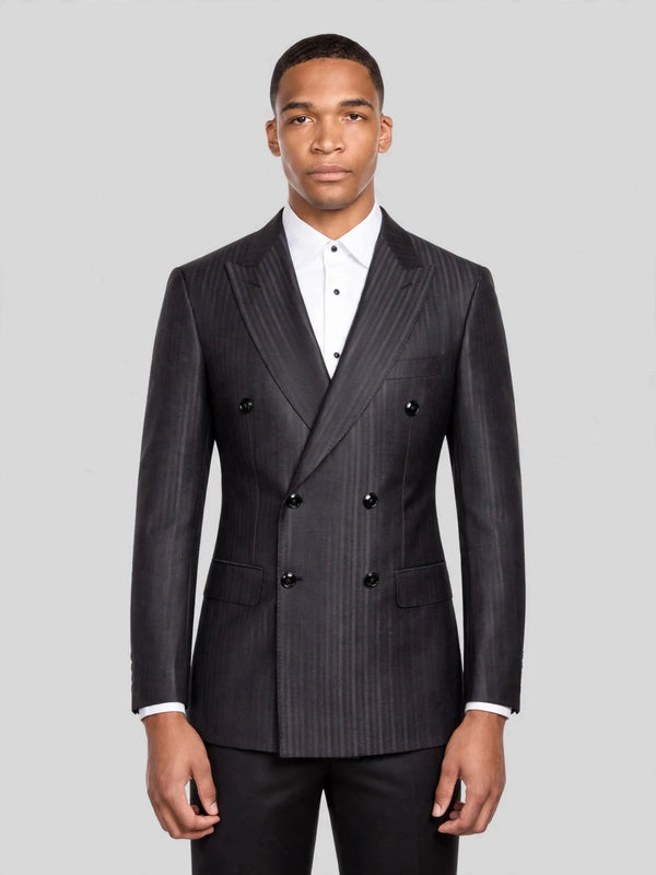 Charcoal Shadow-Stripe Six-Button Peak-Lapel Double-Breasted Suit Jacket 01
