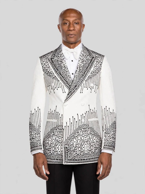 Ivory Jet Bead-Cascade Peak-Lapel Double-Breasted Tuxedo Jacket - cover
