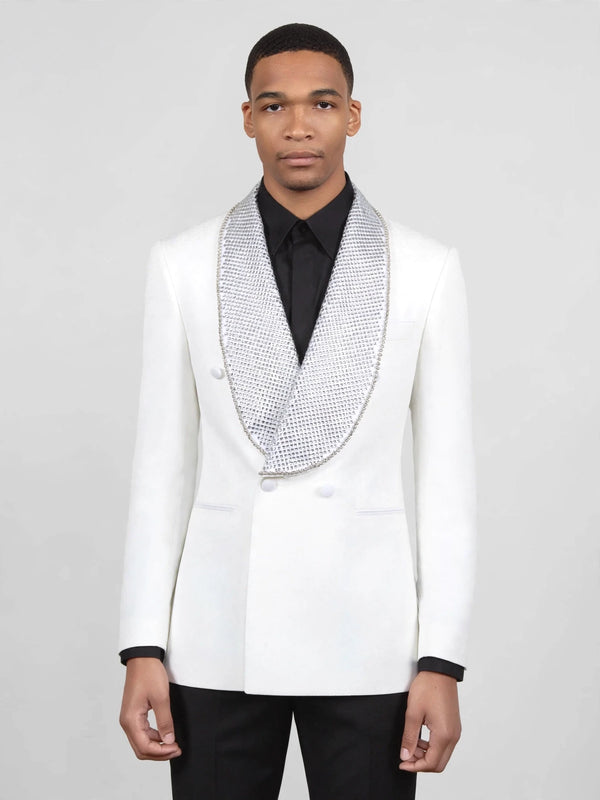 Ivory Silver Crystal-Mesh Shawl-Collar Double-Breasted Tuxedo Jacket 04
