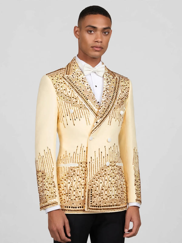 Cream Champagne Mirror-Stud Cascade Peak-Lapel Double-Breasted Tuxedo Jacket 03