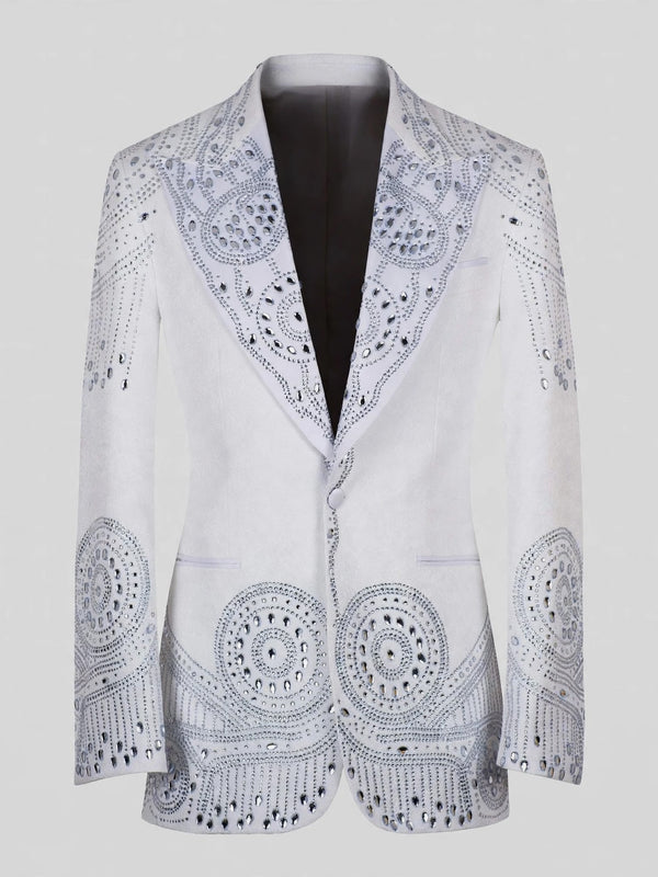 Ivory Silver Crystal Medallion Peak-Lapel Tuxedo Jacket 07