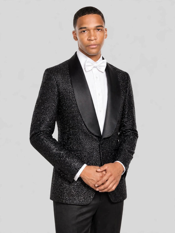 Onyx Glitter-Tweed Satin Shawl-Collar Single-Button Tuxedo Jacket 03