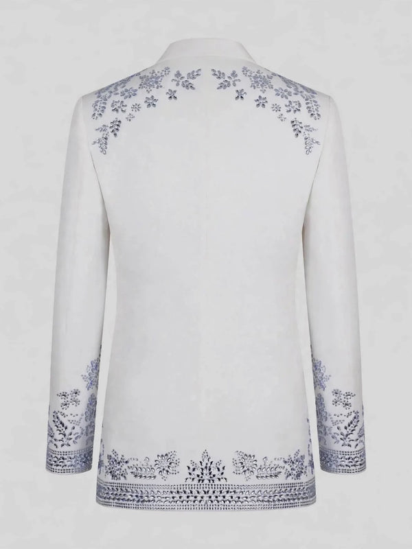 Ivory Silver Crystal Floral Shawl-Collar Tuxedo Jacket 09
