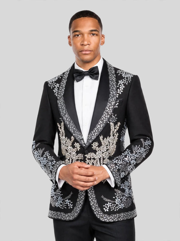 Onyx Silver Crystal Bouquet Shawl-Collar Tuxedo Jacket 02