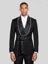 Onyx Silver Crystal Belted Shawl-Collar Double-Breasted Tuxedo Jacket 01