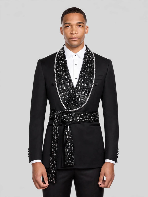 Onyx Silver Crystal Belted Shawl-Collar Double-Breasted Tuxedo Jacket 01