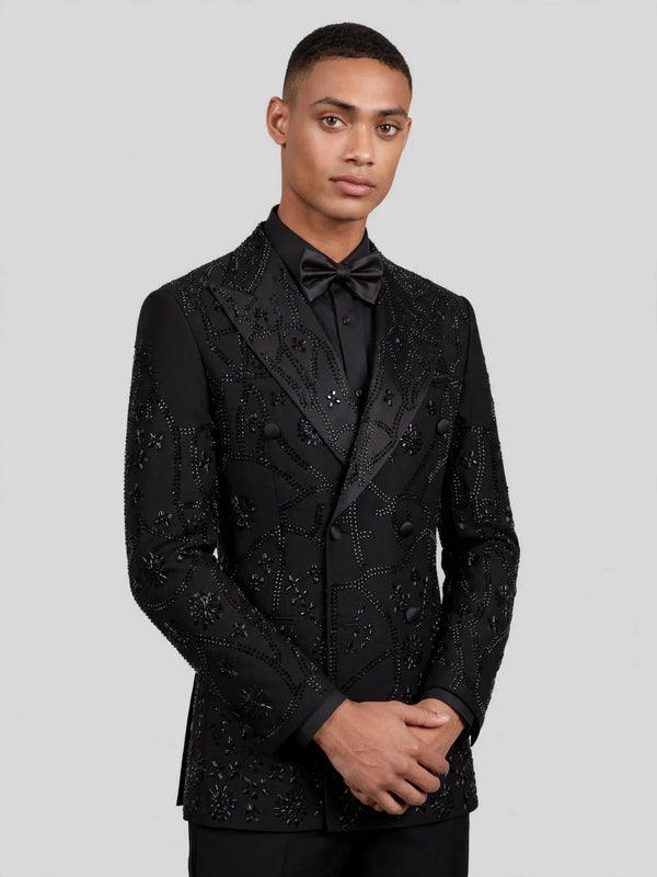Onyx Jet Beaded Scroll-Vine Peak-Lapel Double-Breasted Tuxedo Jacket 06