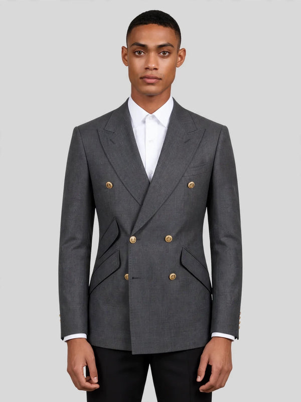 Charcoal Grey Gold-Button Slant-Flap Peak-Lapel Double-Breasted Suit Jacket 01