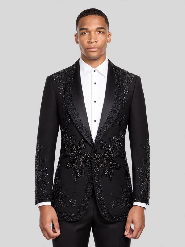 Onyx Jet Floral-Vine Shawl-Collar Tuxedo Jacket 01
