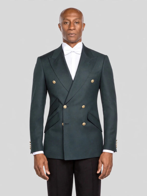 Slate Teal Gold-Button Slant-Flap Peak-Lapel Double-Breasted Suit Jacket - cover