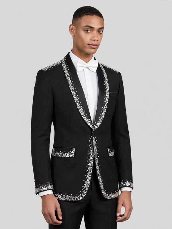 Onyx Silver Crystal Perimeter Shawl-Collar Tuxedo Jacket 03