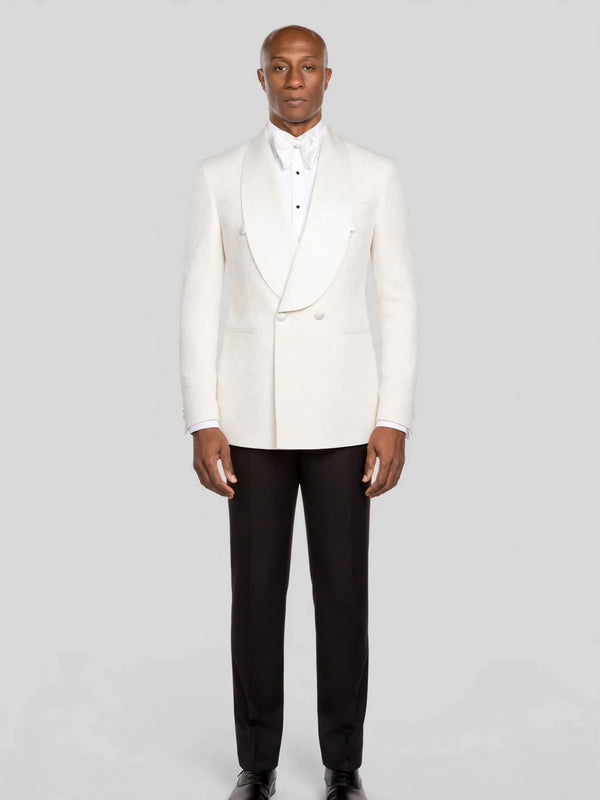 Ivory Textured Satin Shawl-Collar Double-Breasted Tuxedo Jacket - cover