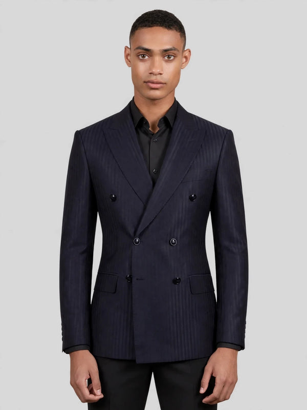 Midnight Navy Tonal Shadow-Stripe Six-Button Peak-Lapel Double-Breasted Suit Jacket 04