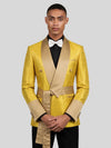 Mustard Gold Belted Satin Shawl-Collar Two-Button Double-Breasted Tuxedo Jacket 05