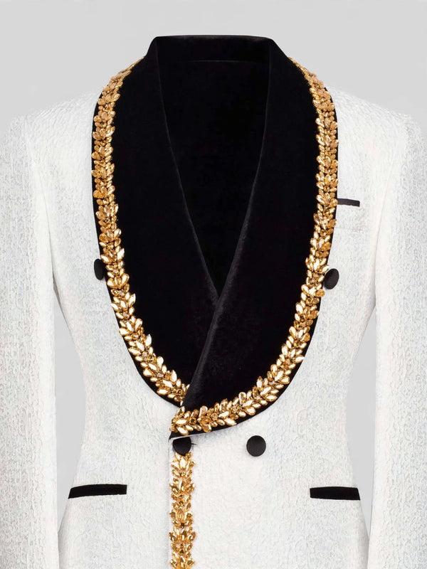 Ivory Gold-Leaf Velvet Shawl-Collar Double-Breasted Tuxedo Jacket 08