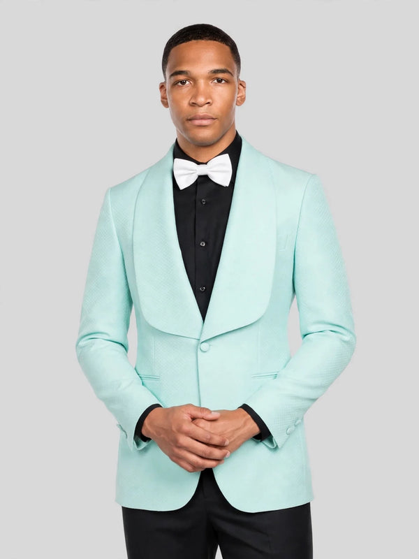 Mint Aqua Textured Shawl-Collar Tuxedo Jacket 05